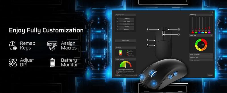 LTC GM022 Ultralight 3-Mode Wireless Gaming Mouse with RGB Charging Dock, PAW3395 26K DPI Sensor, 55G Lightweight Ergonomic Bluetooth Gaming Mouse, 5 Programmable Buttons, 80 Million Click Switch
