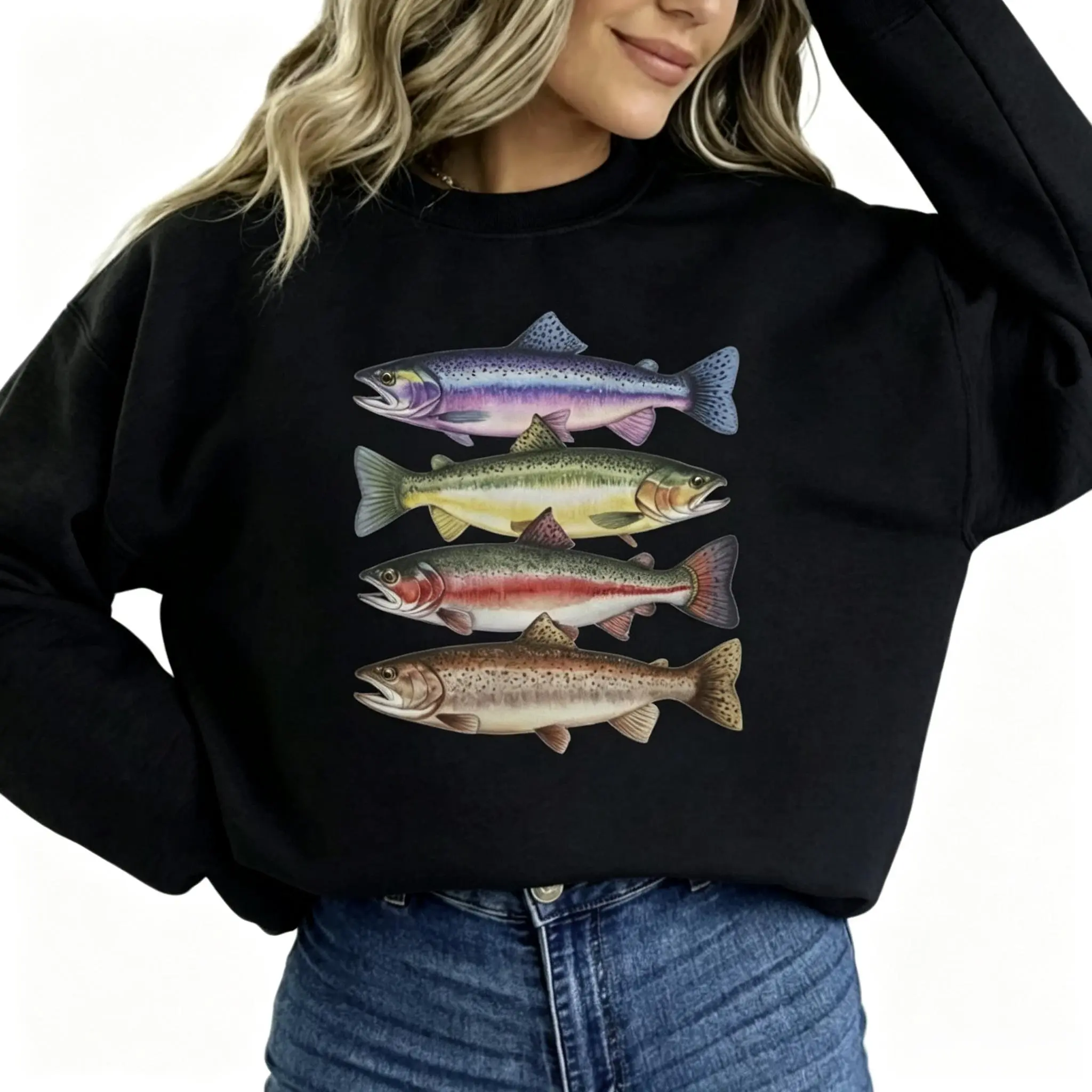 Women's Boho Abstract Trout Graphic Sweatshirt - Aesthetic, Colorful, Soft Cotton Blend Unisex Pullover Tops for Outdoor Fly Fishing, Everyday Style,Men's sportswear Women's sportswear Universal Size