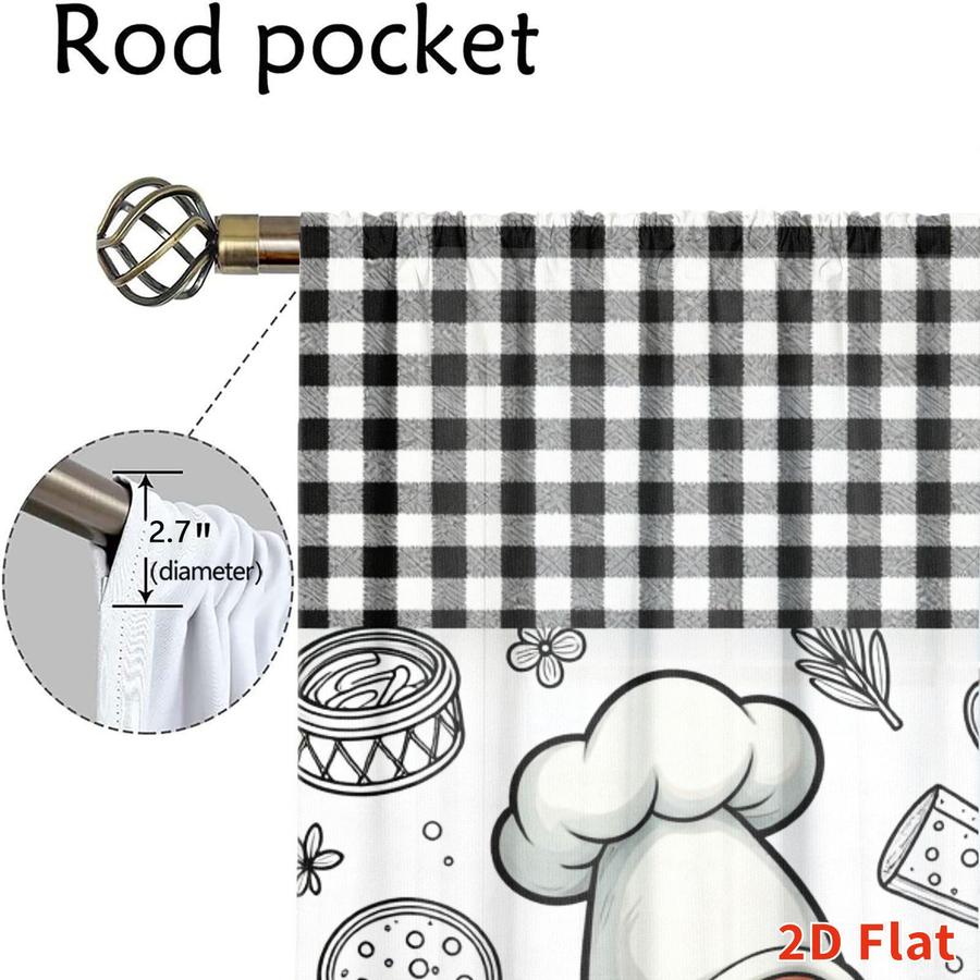 2Pcs Cartoon Style Chef Gnome Gingham Pattern Sun Blocking Curtains Digital Printed Rod Pocket, Window Treatment For Bedroom Office Kitchen Living Room Study Home Decor