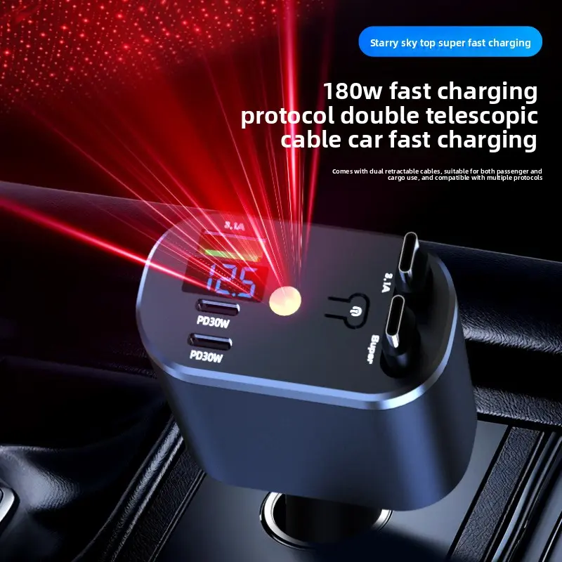 Starry Sky Car Cigarette Lighter Charger - 120W Super Fast Charging, Dual-Port Car Interior Accessories with Extendable USB Type-C Retractable Cable for Mobile Phones
