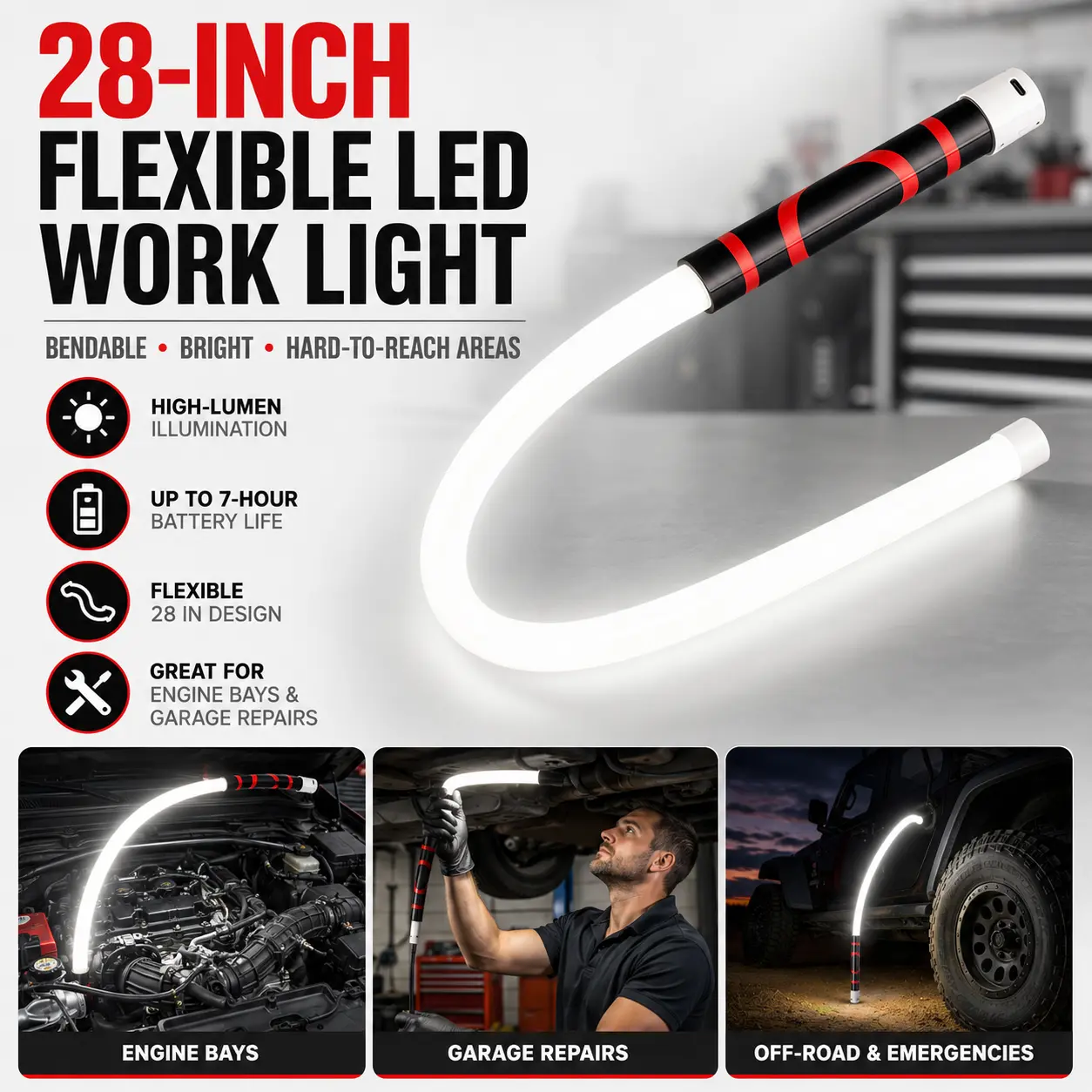 28-Inch Flexible LED Work Light Stick with High-Lumen Illumination and Up to 7 Hours of Battery Life, Bendable Automotive Flashlight for Engine Bays, Garage Repairs, Off-Road Use and Hard-to-Reach Areas