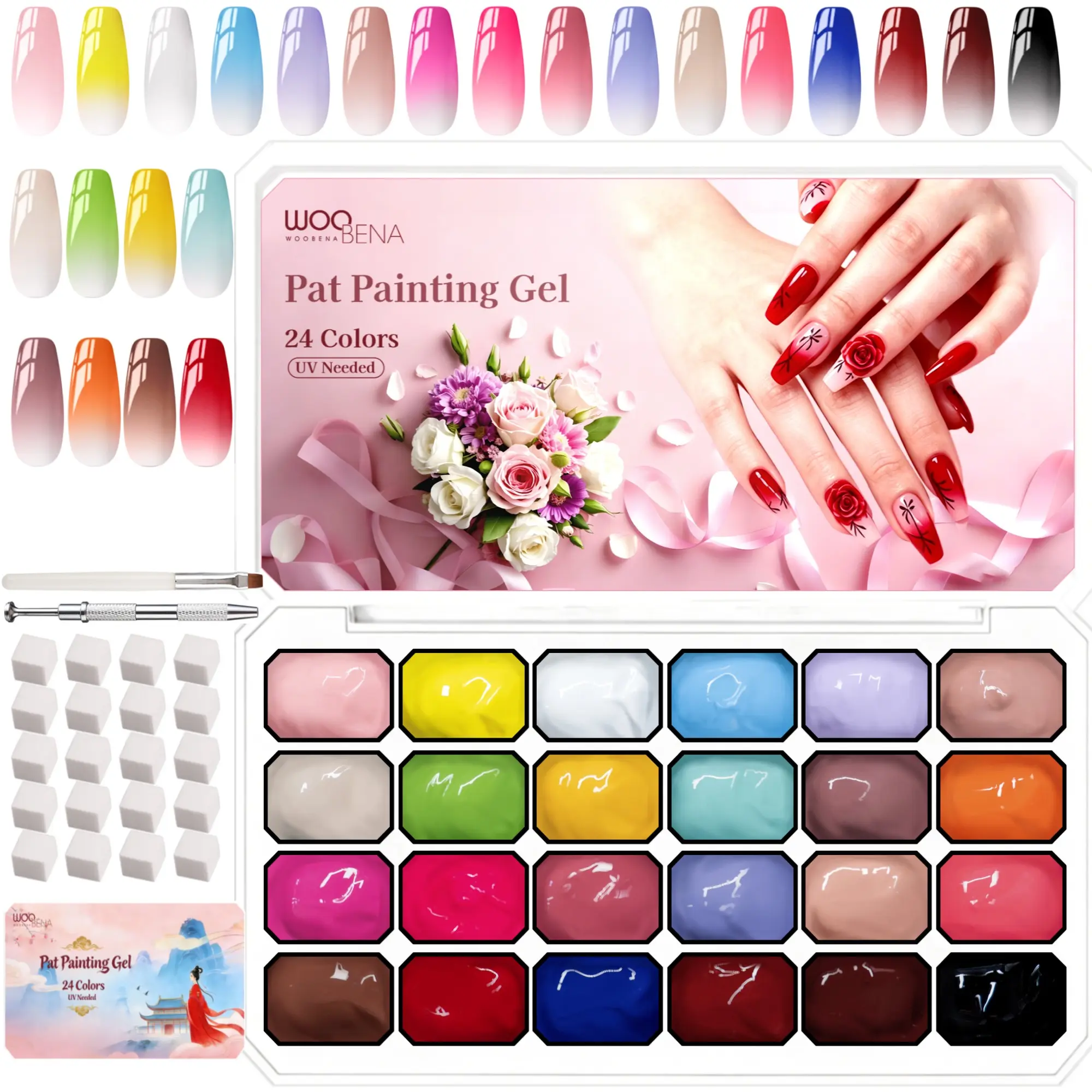 24 Colors Pat Pat Gel, Ombre Gel Nail Polish Gradient Patting Gel Nail Kit for Painting DIY Nail Art No Wipe, Blooming UV/LED Curing with Tweezer and 100Pcs Nail Sponges for Ombre (24-Color Set B)