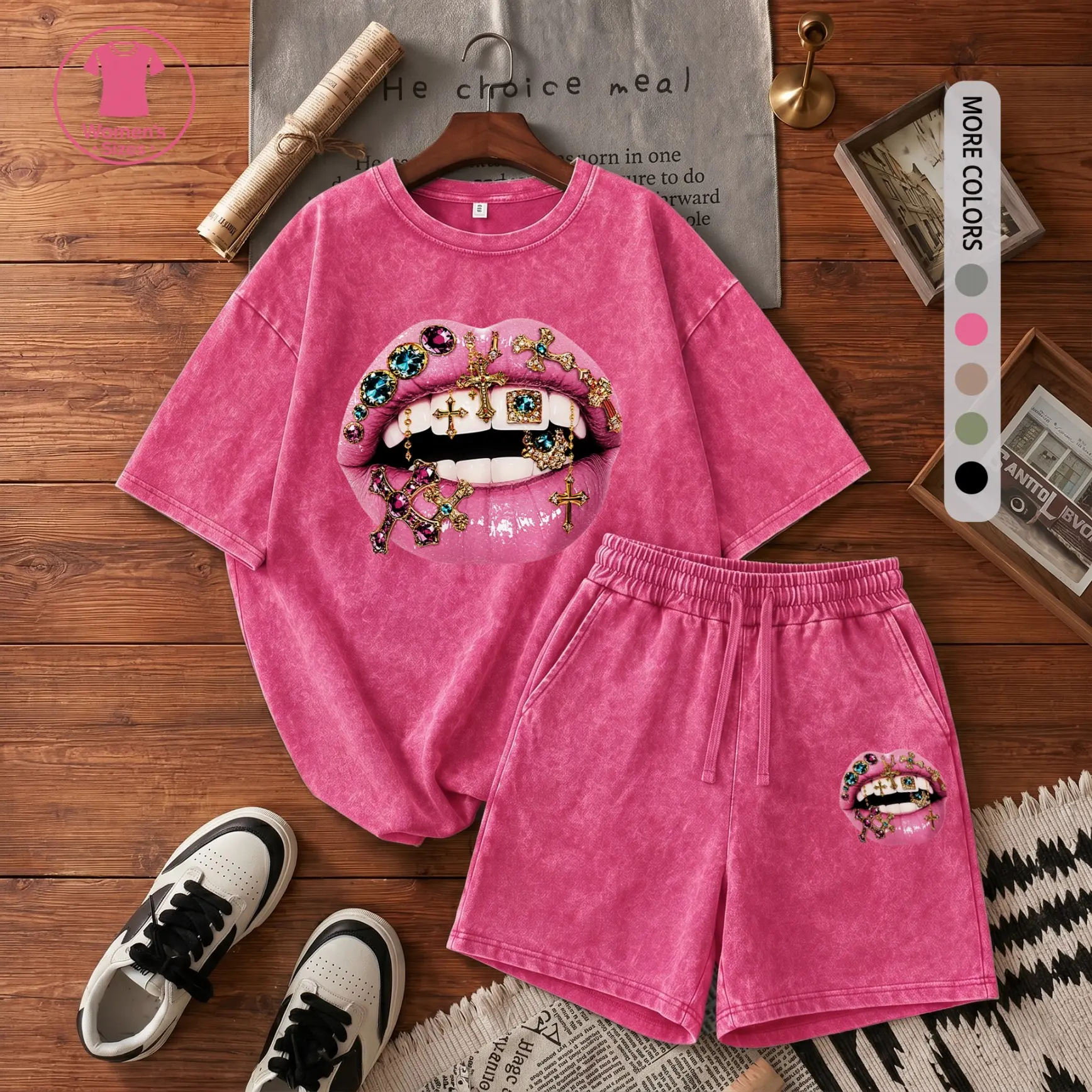 Women’s 100% Cotton Glam Lips Graphic Washed Tee & Loose Bermuda Shorts Set, Relaxed Two-Piece Outfit With Elastic Drawstring Waist, Trendy Casual Style