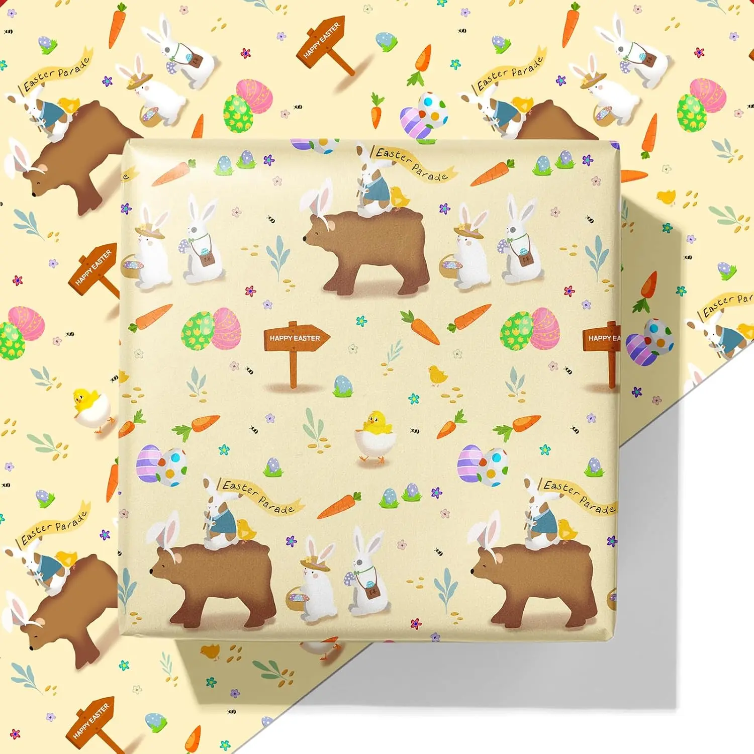 Easter Wrapping Paper - Modern Spring Holiday Printed Wrap with Cute Patterns of Bunny, Colorful Eggs & Carrots for Adults Kids - 40x28", 4 Sheets