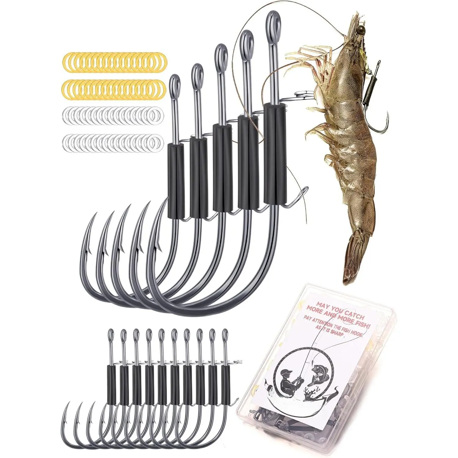 15/40 Packs Live Shrimp Hooks Saltwater Fishing Hooks - High Carbon Steel Barbed 4 Sizes Non- for Catfish Bass Multi-
