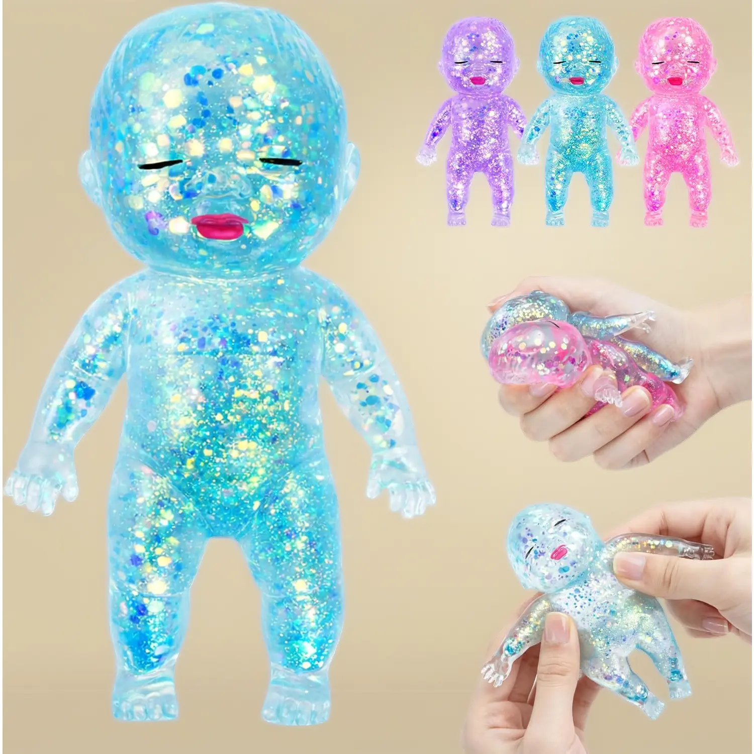 4" Glitter Kawaii Fidget Squishy Toy - Sparkly Soft Squeezable Fidget Doll, Glitter Stress Ball, Sensory Desk Decor for Adults - Birthday Gift (Blue), Kawaii Squishies, Fidget Squishies