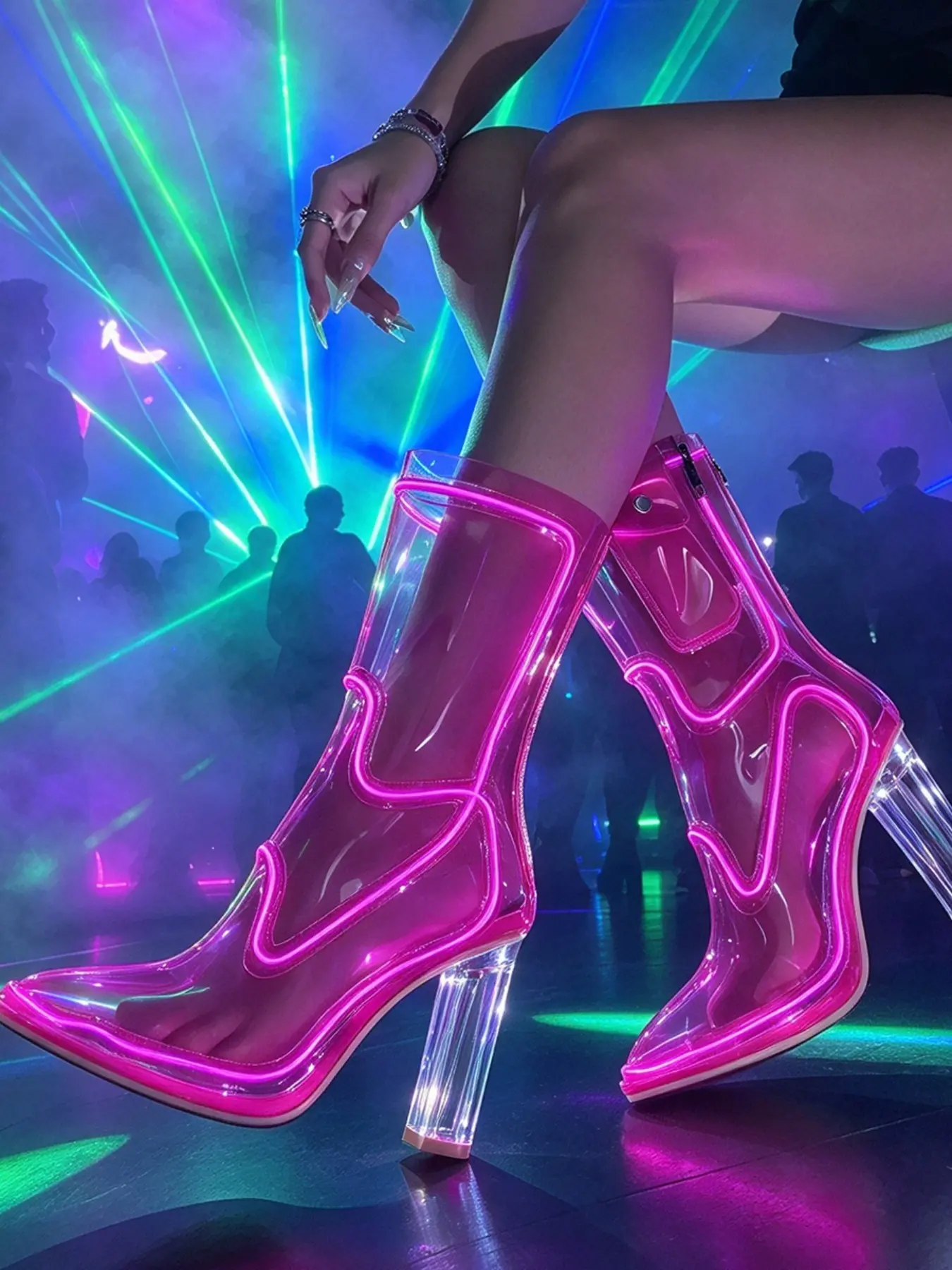 Cyborg Style LED Neon Glow Mid-Calf Boots for Women, Transparent PVC Crystal Heel Pointed Toe, Nightclub Party Stage Shoes