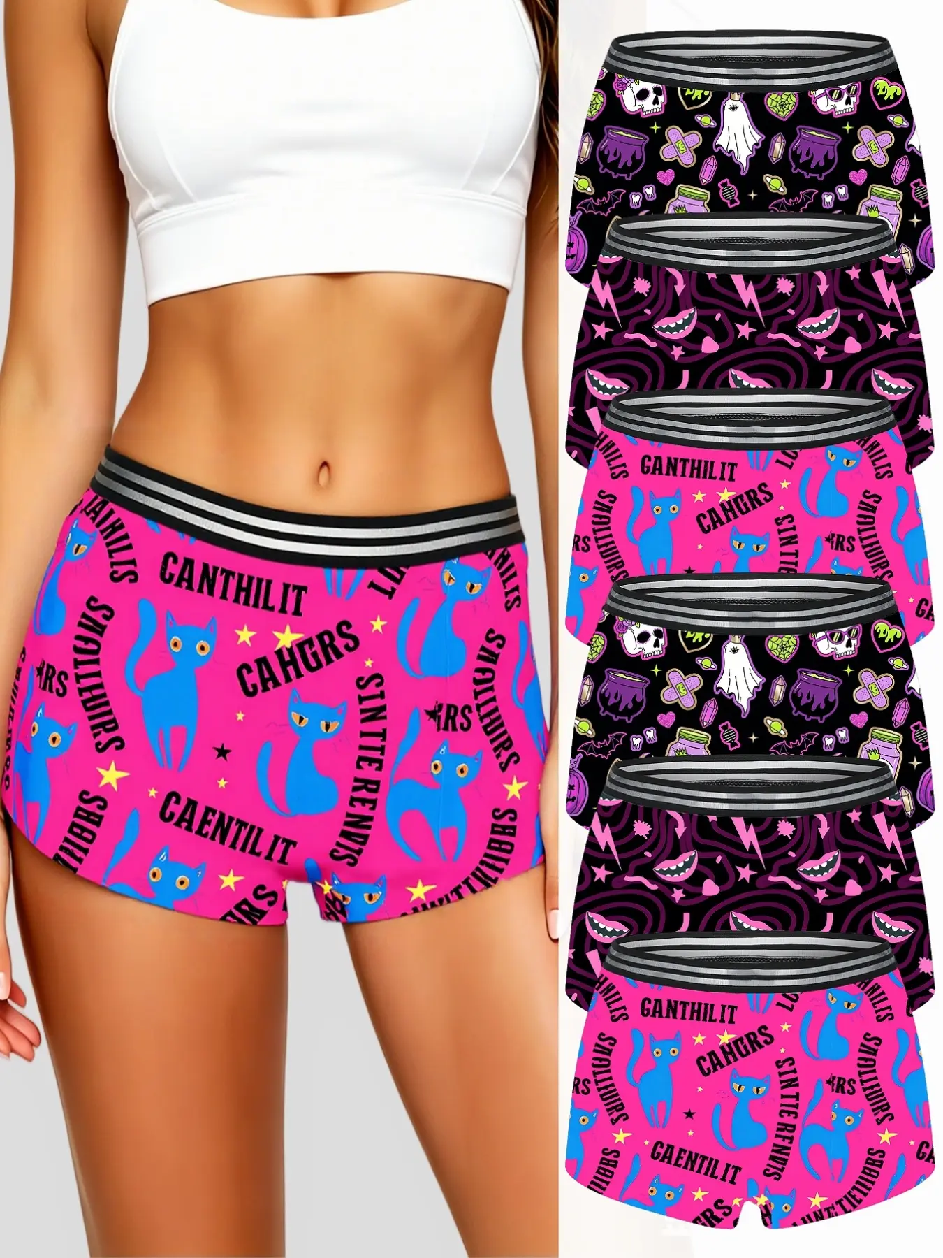 6-Pack Sexy Gothic Cartoon Print Women Boxer Briefs, Slim Fit Stretch Boyshort Underwear, Mixed Neon Blue Cat, Ghost, Skull & Vampire Mouth Pattern Striped Waistband Lounge Panties for Alt Girls
