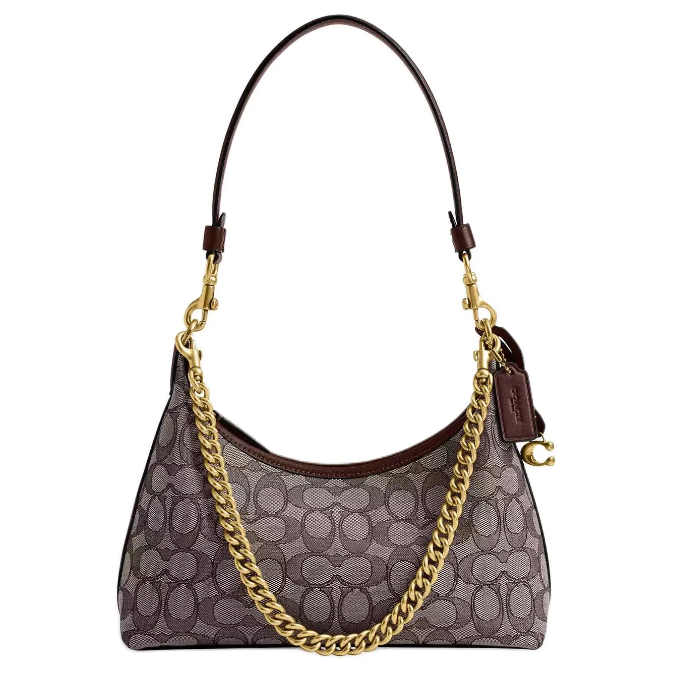 COACH Juliet 27 Crossbody Bag for Women – Signature Jacquard and Polished Calf Leather in Brass and Oak Wood Finish