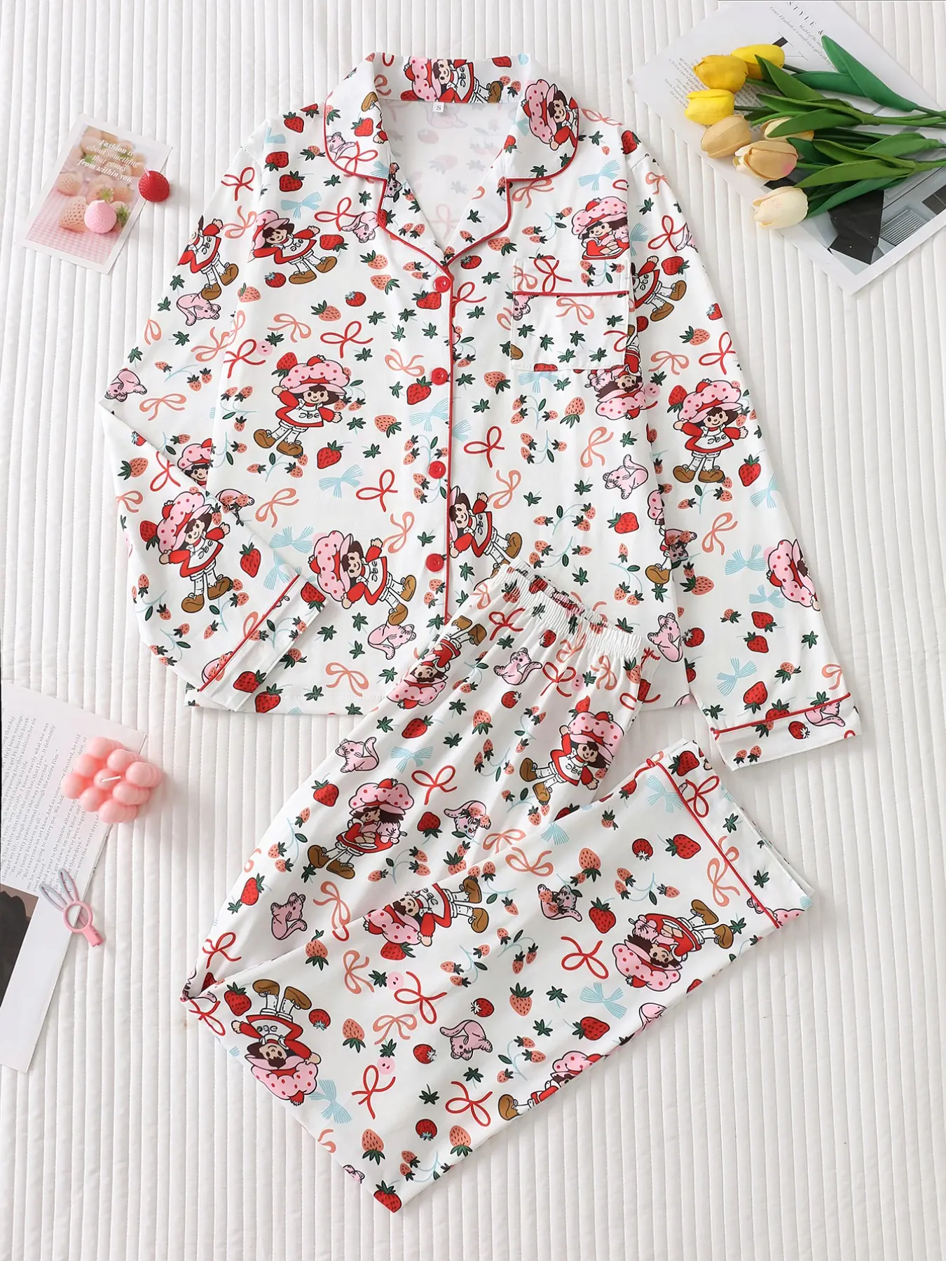 Two-Piece Strawberry Bow Cartoon Girl Pajama Set, Soft Satin Fabric, Comfortable Loose Fit, Button Front, Long Sleeve Top and Pants