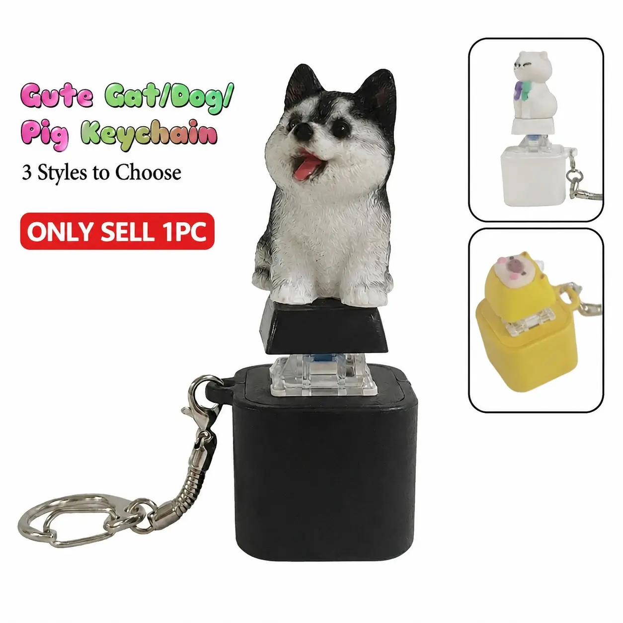 Portable Stress Relief Pet Keychain Toy, Fidget Keyring, USB-Rechargeable Light-Up Squeeze Toy with Cat, Dog and Pig Design, Fun Sound Effects, Perfect Christmas Gift, Lightweight Keychain, Fidget Keychains