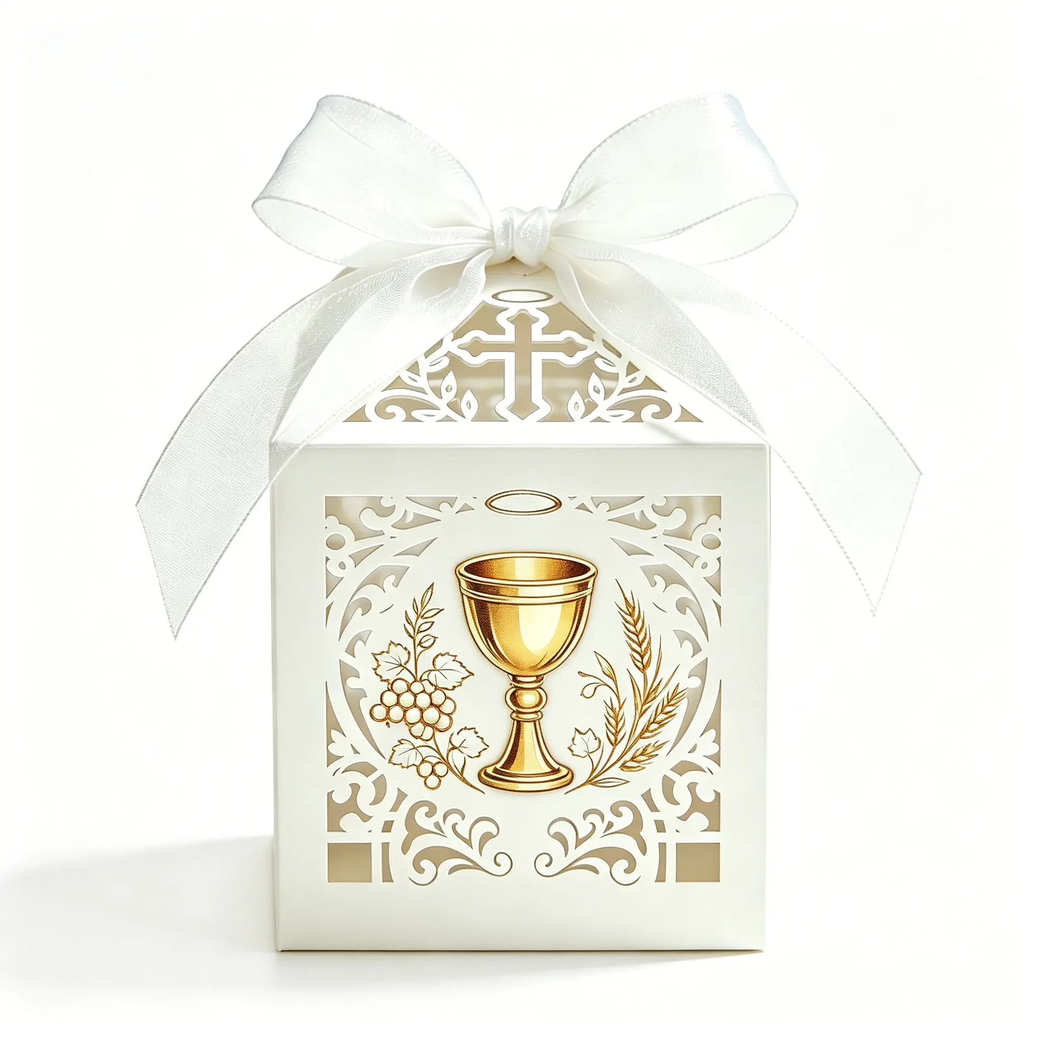 ✝️ Divine Cross & Holy Grail Gift Boxes | Stunning Gold Details Treat Holders for Catholic Celebrations & Church Events 🙏 Elegant Die-Cut Party Favors with White Bow 🤍