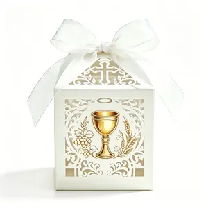 ✝️ Divine Cross & Holy Grail Gift Boxes | Stunning Gold Details Treat Holders for Catholic Celebrations & Church Events 🙏 Elegant Die-Cut Party Favors with White Bow 🤍