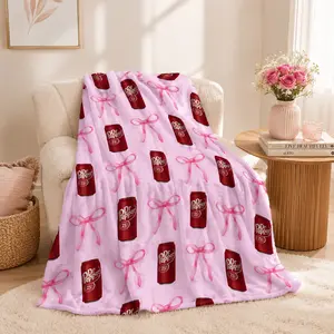 Cherry Soda Can Flannel Blanket, Soft Plush Throw with Ribbon Bow, Cozy Trendy Blanket for Sofa Bed Nap Travel Gift