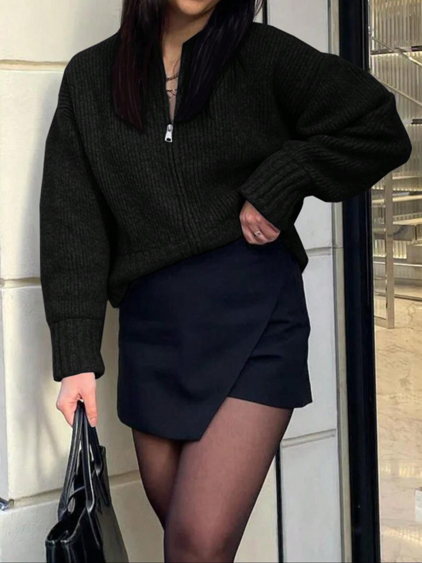 Women's Solid Drop Shoulder Zipper Sweater Cardigan, Casual Long Sleeve Round Neck Thick Knitwear for Fall & Winter, Fashion Women's Knit Clothing for Daily Wear