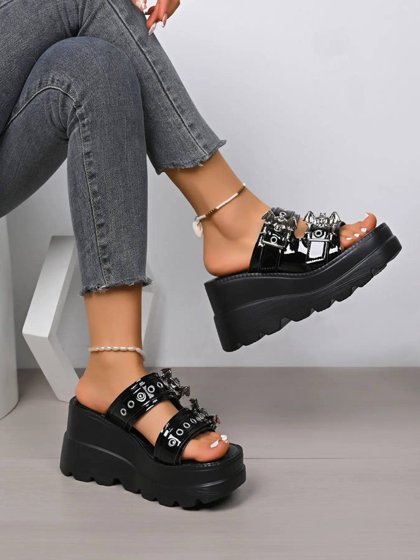 Women's Black Patent Leather Bat Buckle Double Strap Platform Wedge Sandals - Gothic & Edgy Footwear #gothicsandals #batbuckleshoes #platformwedges #edgyfootwear #tiktokshoefinds Fashionable Wedge Sandals