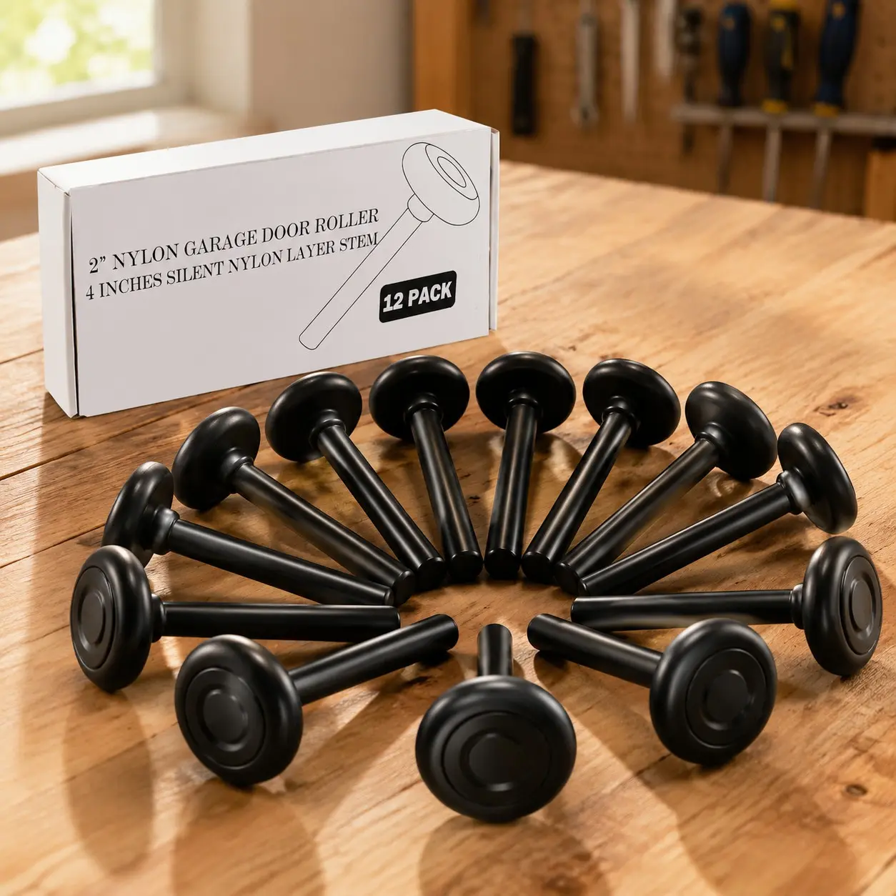 12 Pack Black 2" Nylon Garage Door Rollers with 4" Nylon Stem
