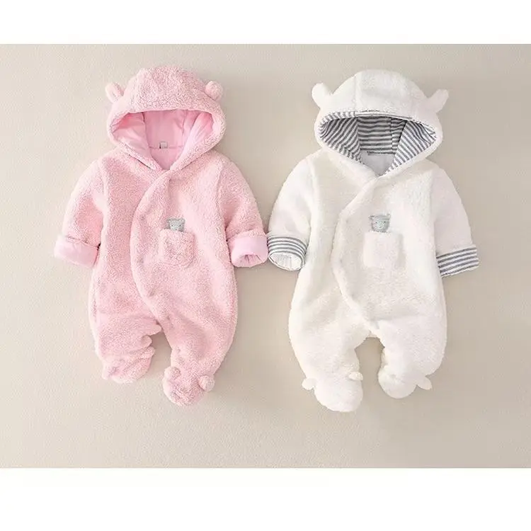Toddler Boy Clothes, Baby Romper Onesie Autumn And Winter Thickened Warm Cute Scarf Bear Applique Embroidery Button Design Footed And Footed Jumpsuit Baby Christening Dress Outerwear, for Outdoor, Baby Essential Items