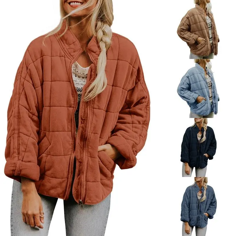 WomensDolmanLightweightQuiltedJacketsZipUpLongSleeveStandNeckPocketsCoatWarmWinterOutwears
