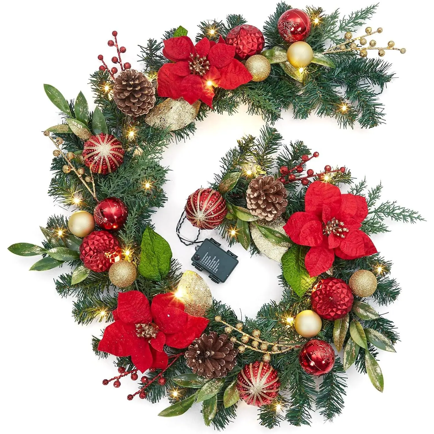 6 ft Christmas Garland with Lights, Prelit Mantle Christmas Garland with Lights Berries Red Poinsettia, Indoor Outdoor Xmas Garland for Fireplace Stairs Holiday Decorations