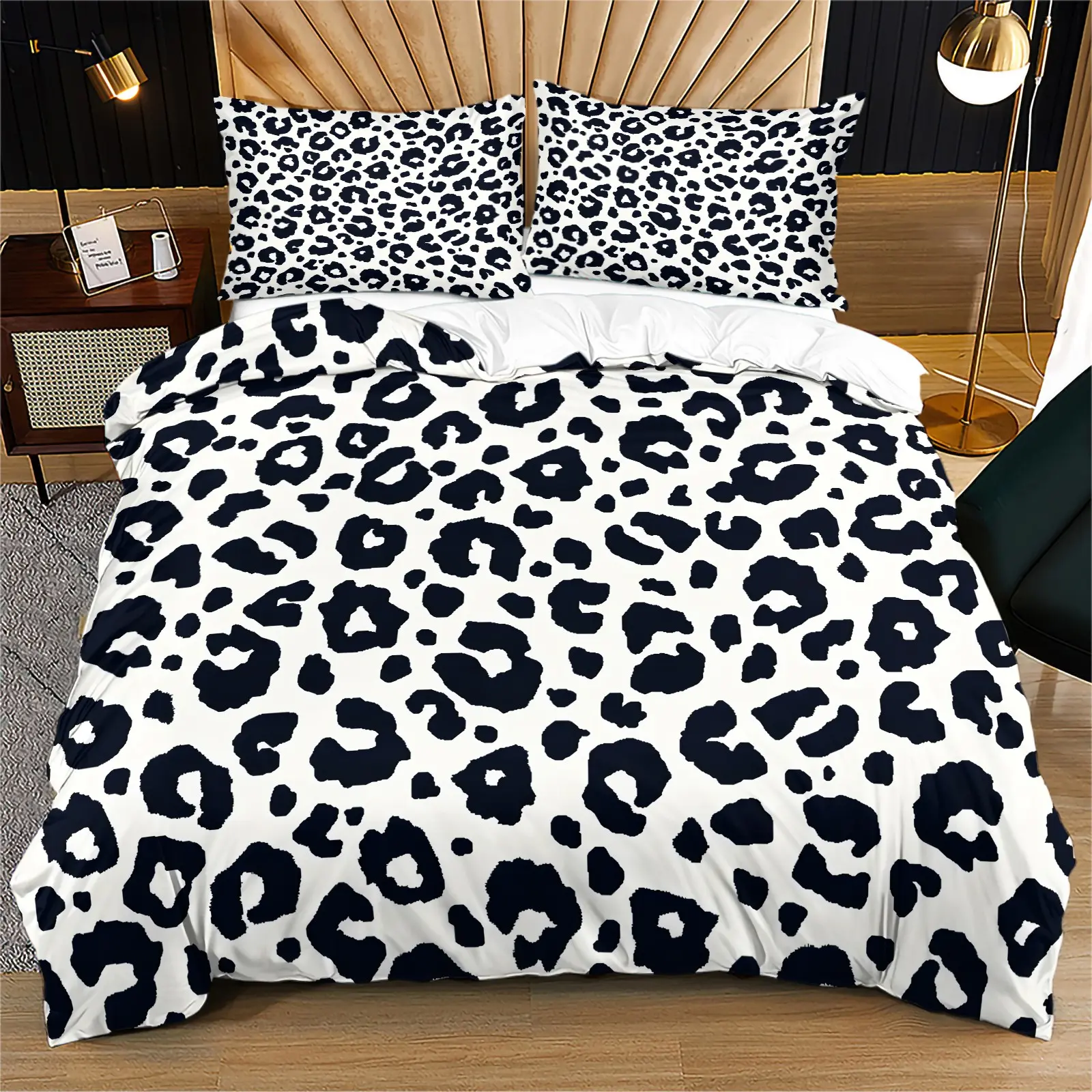 Bold Large Black Leopard Print Duvet Cover Set, Retro Big Animal Spot Pattern Decorative Bedding Set, Soft Lightweight Breathable Machine Washable Bed Cover, Zipper Closure & Corner Fixing Ties, Includes 2 Pillowcases - without Core