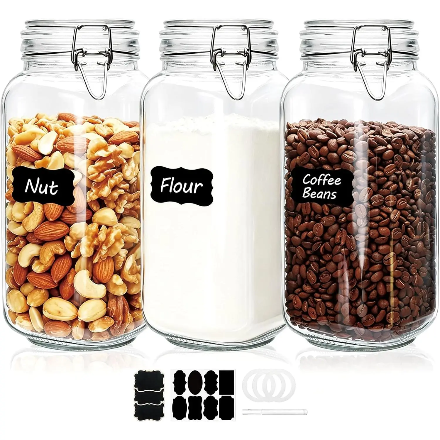 Thick Silicone-Sealed Airtight Glass Kitchen Food Storage Jars Set of 3 (78 oz Large Square), Waterproof Lidded Containers for Indoor Recreation Pantry Cereal, Pasta, Water Proof