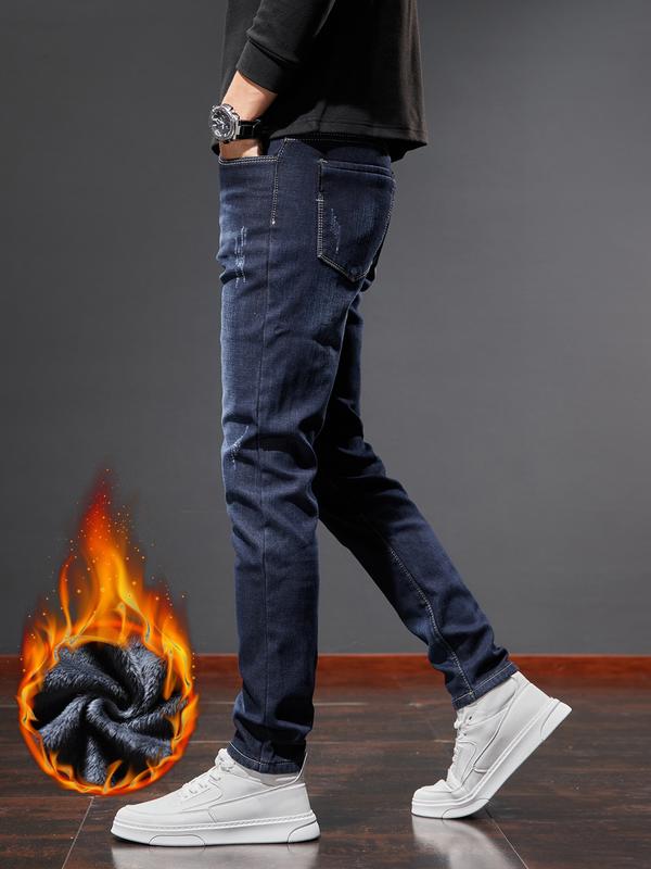 New Fall Winter Fleece Lined Thick Slim Fit Jeans for Men, Casual High-End Elastic Long Pants, Autumn Fashion Menswear
