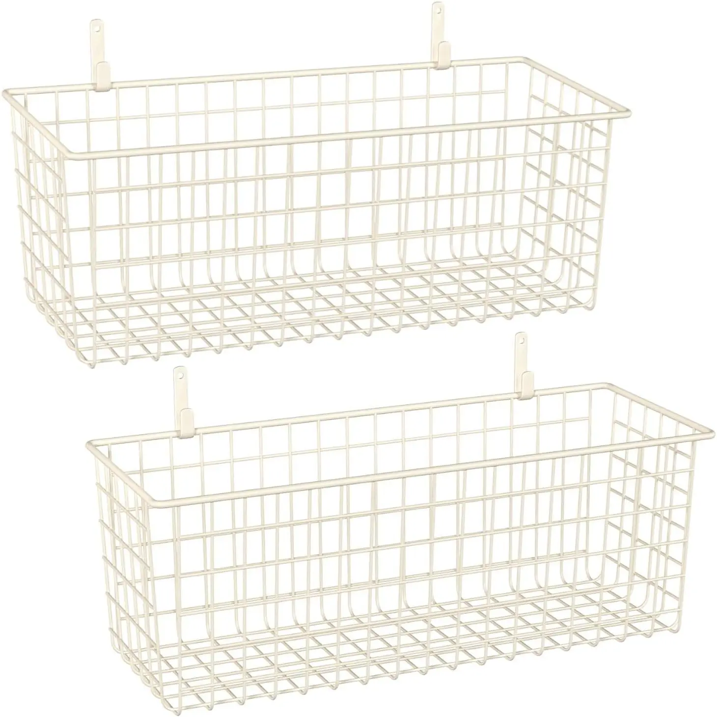 2 Sets Extra Large Hanging Wall Basket, White Metal Wire Baskets with Steel Hooks for Organizing, WallmountedFruit Vegetable Toy Snack Storage, Home Kitchen Bathroom Laundry Pantry Organizer
