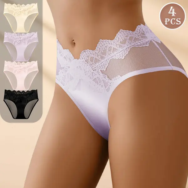 Women's 4-Pcs Premium Soft Mid-Rise Assorted Color Contrast Lace Panties Set, Silky Oil Fabric Sheer Mesh Breathable Stretch Hipster Underwear, All-Day Comfort Womenswear Daily Lingerie