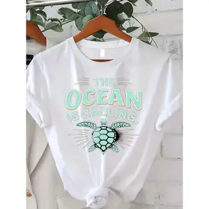 Hawaiian Beachwear Top: Women's Oversized T-Shirt - Turquoise Sea Turtle & Ocean Wave Print, Casual Marine-Themed Turtle Lover Gift Suitable For Hawaii Vacation & Casual Attire (T