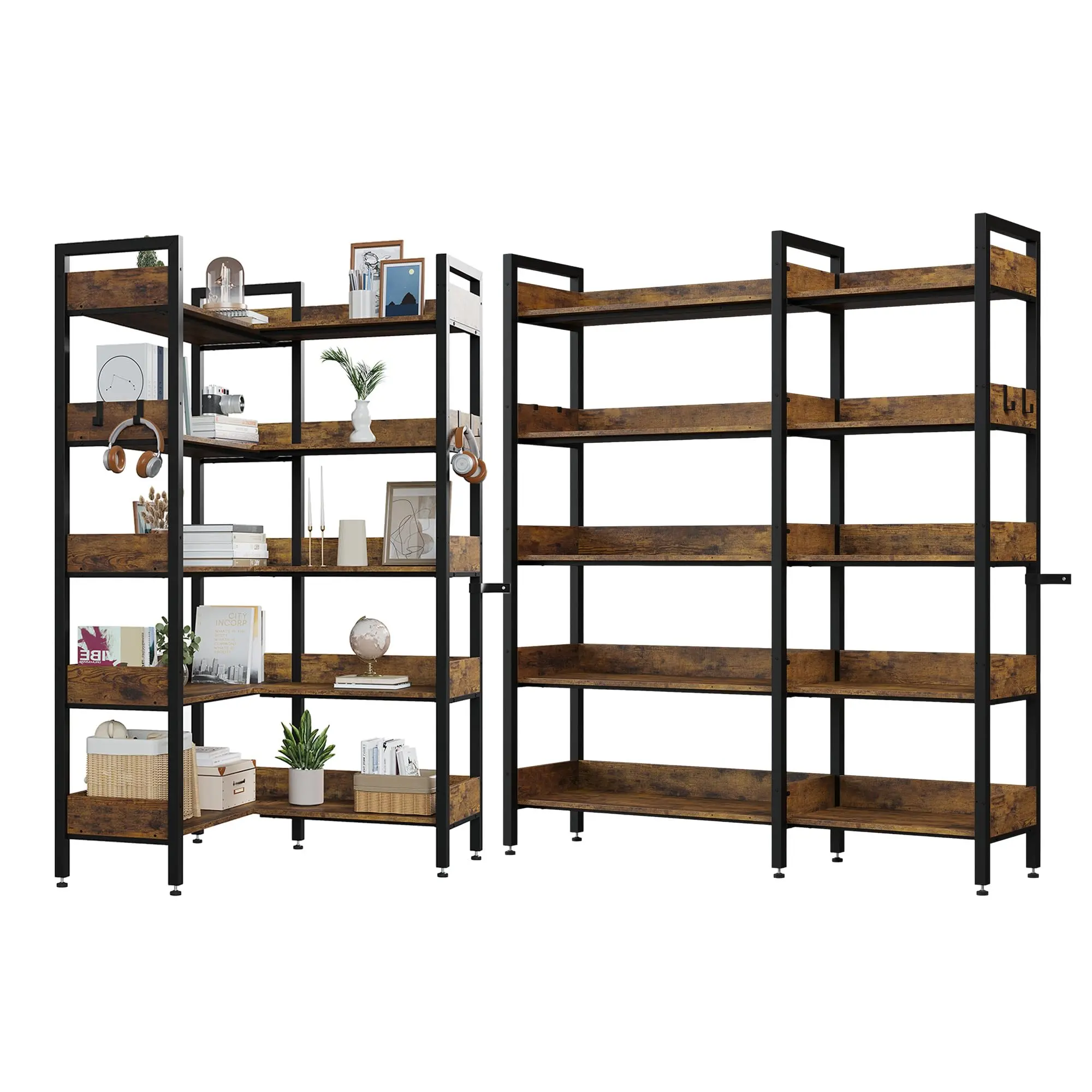 Garvee - Corner Convertible Shelf with 5 Levels in L Shape, Modern Industrial Design for Storage in Study Room