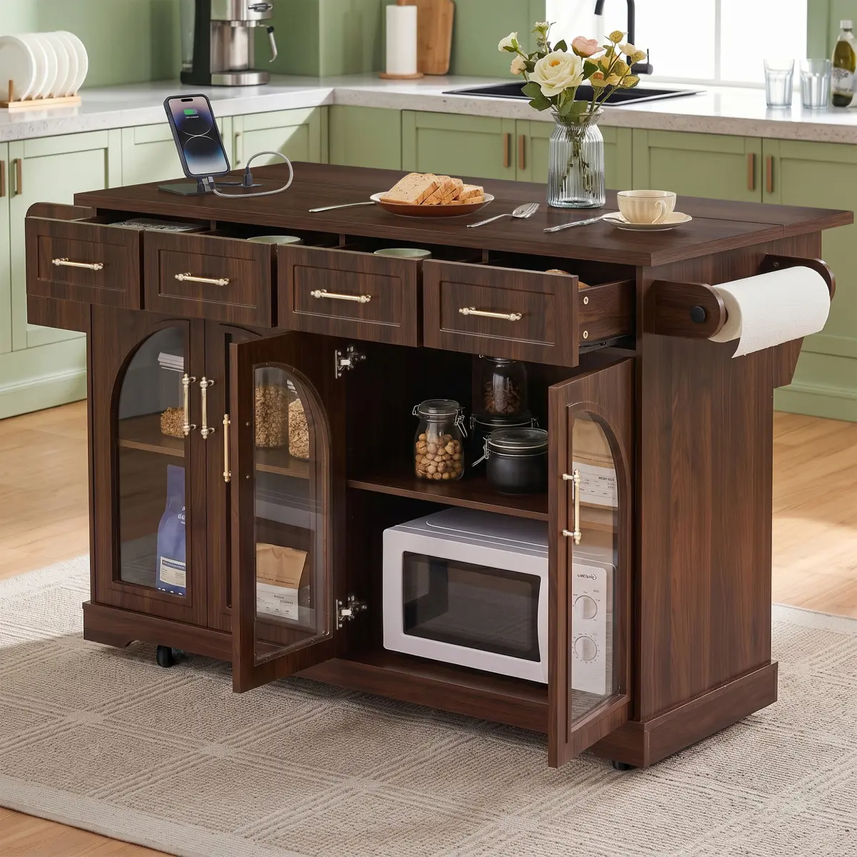 [Bellemave] 65" Kitchen Island with 4 Storage Drawers, Spice Rack and Towel Rack, Rolling Island Cart on Wheels with Arched Glass Door and Power Outlet