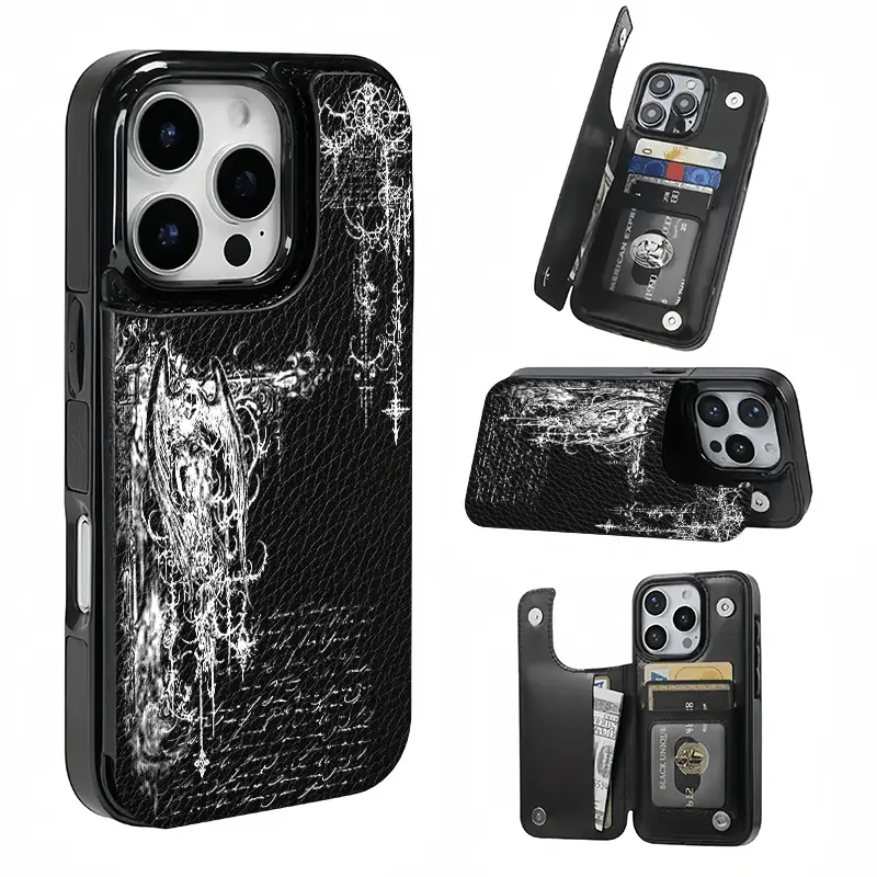 Dark Gothic Wing Texture Card Holder Phone Case, This phone case features a card slot function, can store bank cards, transit cards and other cards, suitable for iPhone 17/16/15/14/13/12, and makes a great gift for girls.