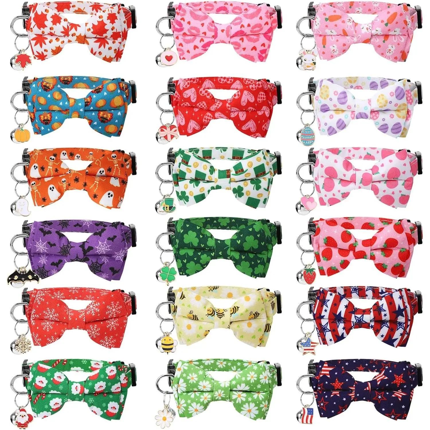 18 Pcs Holiday Cat Collars Breakaway Halloween Cat Collars with Bowtie | Adjustable Kitten Collar with Plastic Buckle for Holiday Pet Cat Costume