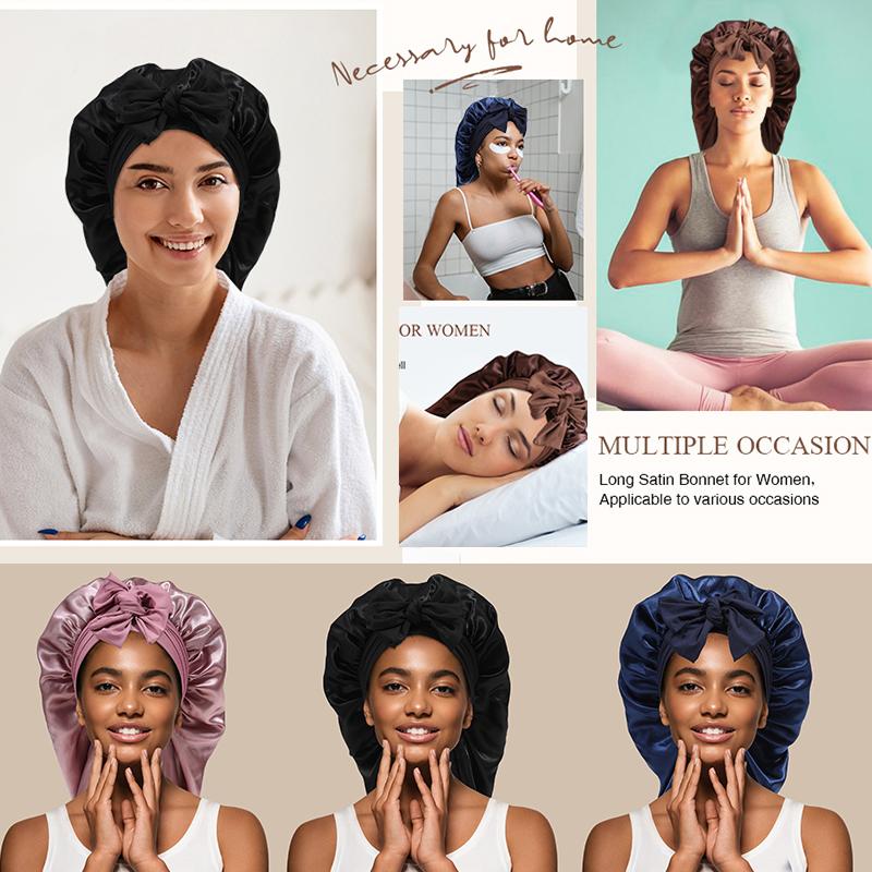 AWAYTR Long Satin Bonnet for Women Double Layer Elastic Silk Bonnet for Braids Hair Sleeping Cap with Tie Band