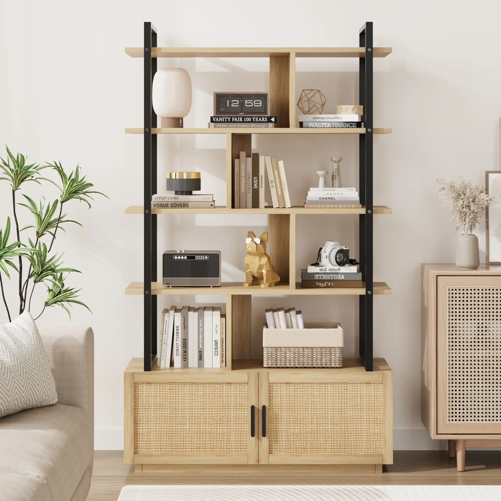 Multi Tier Rattan Door Bookcase with Enclosed Cabinet, Large Farmhouse Storage Unit for Office or Living Room, Open and Closed Shelving