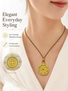 Traditional Craft Hollow Eight Treasures Compass Necklace, Vintage Peace Pendant, Unisex National Style Jewelry