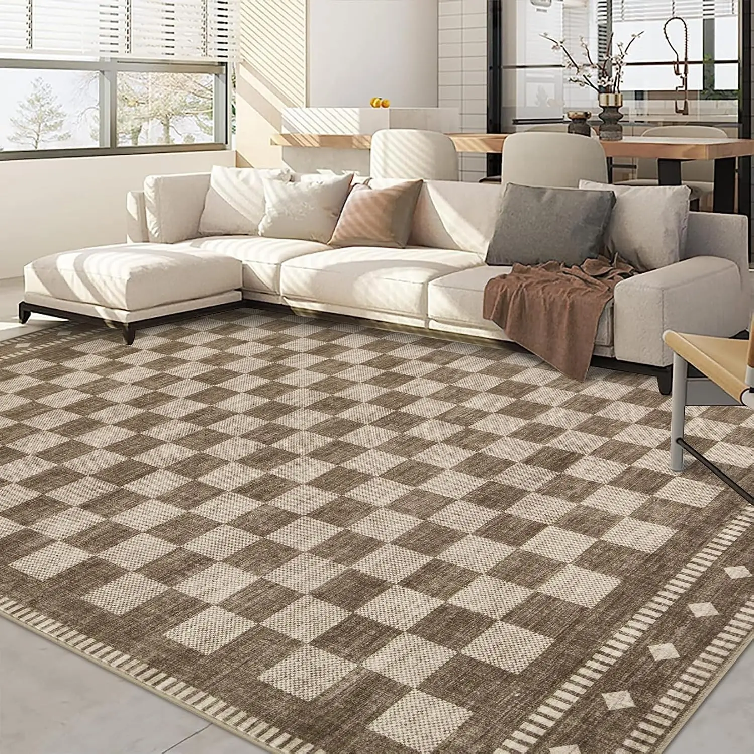 Faux Wool Brown Checkered Geometric Area Rug, Machine Washable Non-Slip Vintage Farmhouse Decor for Living Room & Bedroom, Rugs For Bedroom, Living Room Rugs