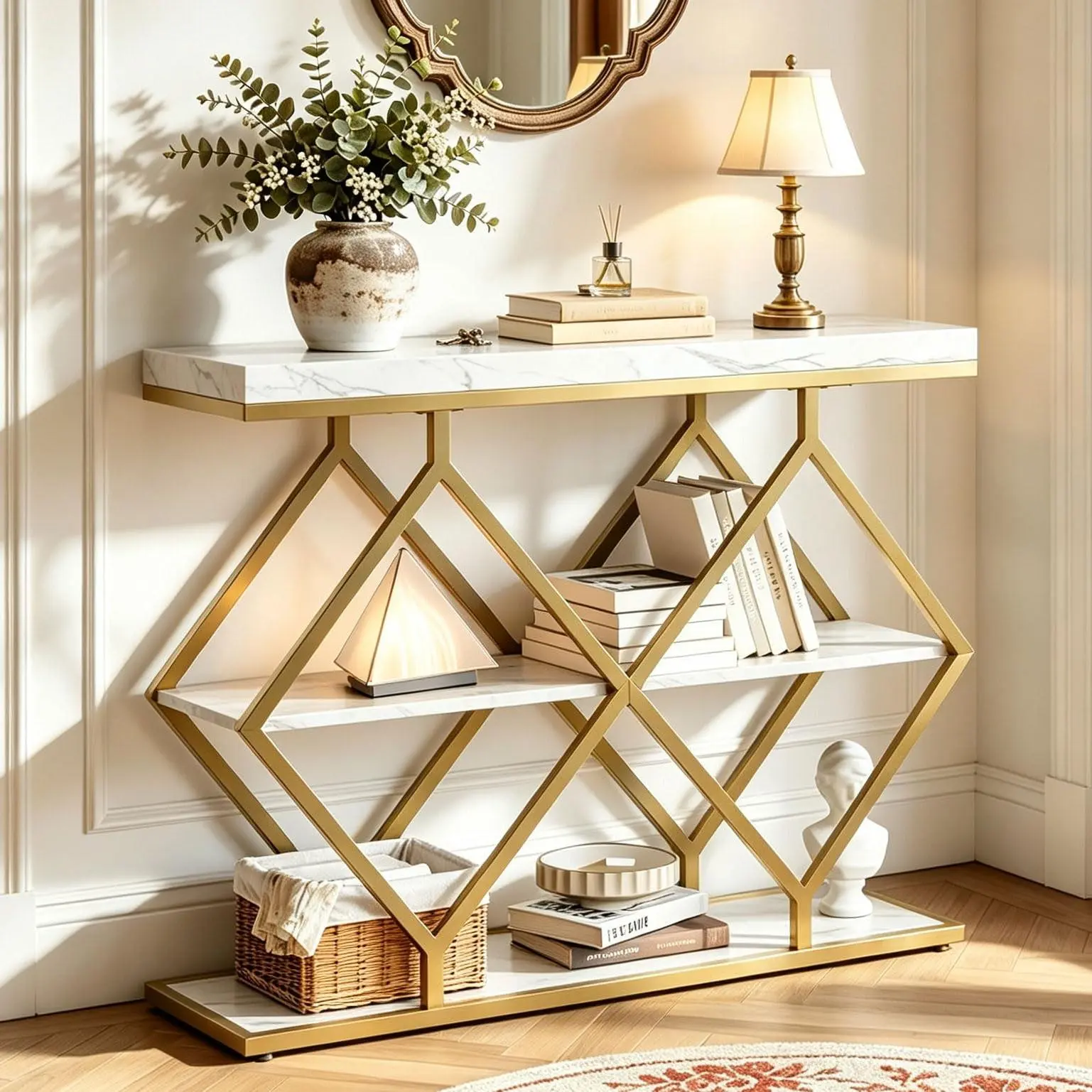 GARVEE 3-Tier Industrial Console Table - 39" Rectangular Indoor Living Room Furniture with Open Wooden Shelves, 3-Tier Design & Wooden Work Surface, Three Tiers, Wooden Work Surface Living Room Furniture