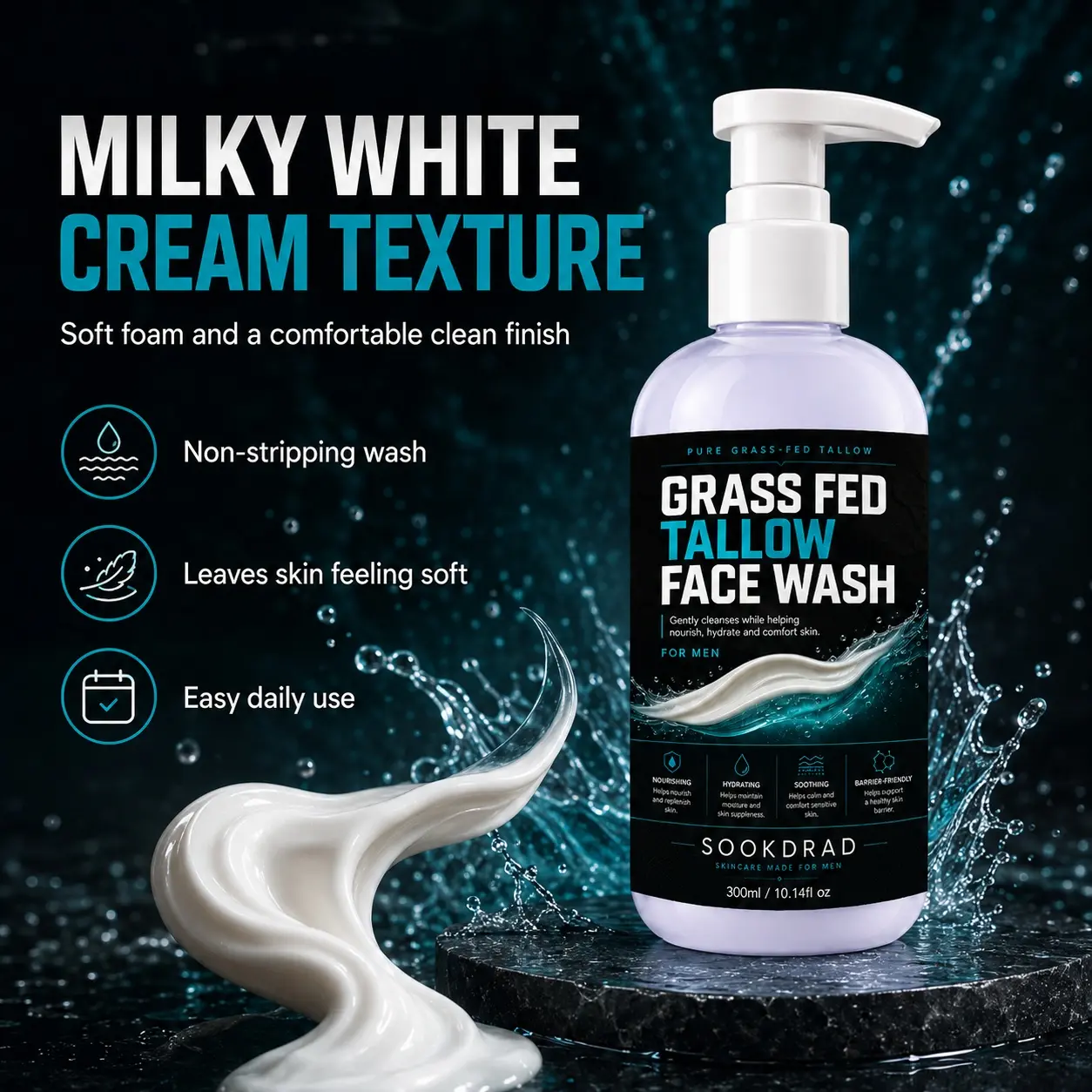 Grass Fed Tallow Face Wash, pure grass-fed tallow, gently cleanses, nourishes, hydrates, comforts skin, soothing, barrier-friendly, for men, face, sensitive skin, 300ml/10.14fl oz
