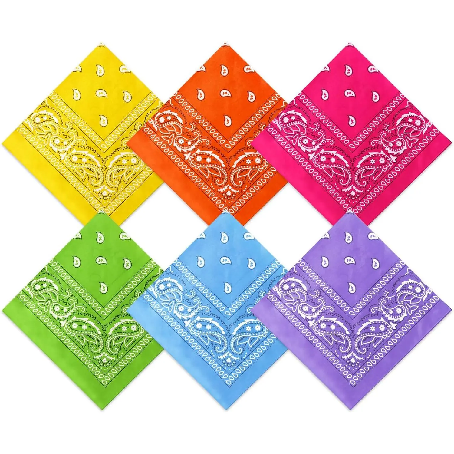6-Pack Unisex Paisley Bandanas, Assorted Neon Colors Cowboy-Style 22x22 in Square Scarf, Casual Wear Headwrap Handkerchief