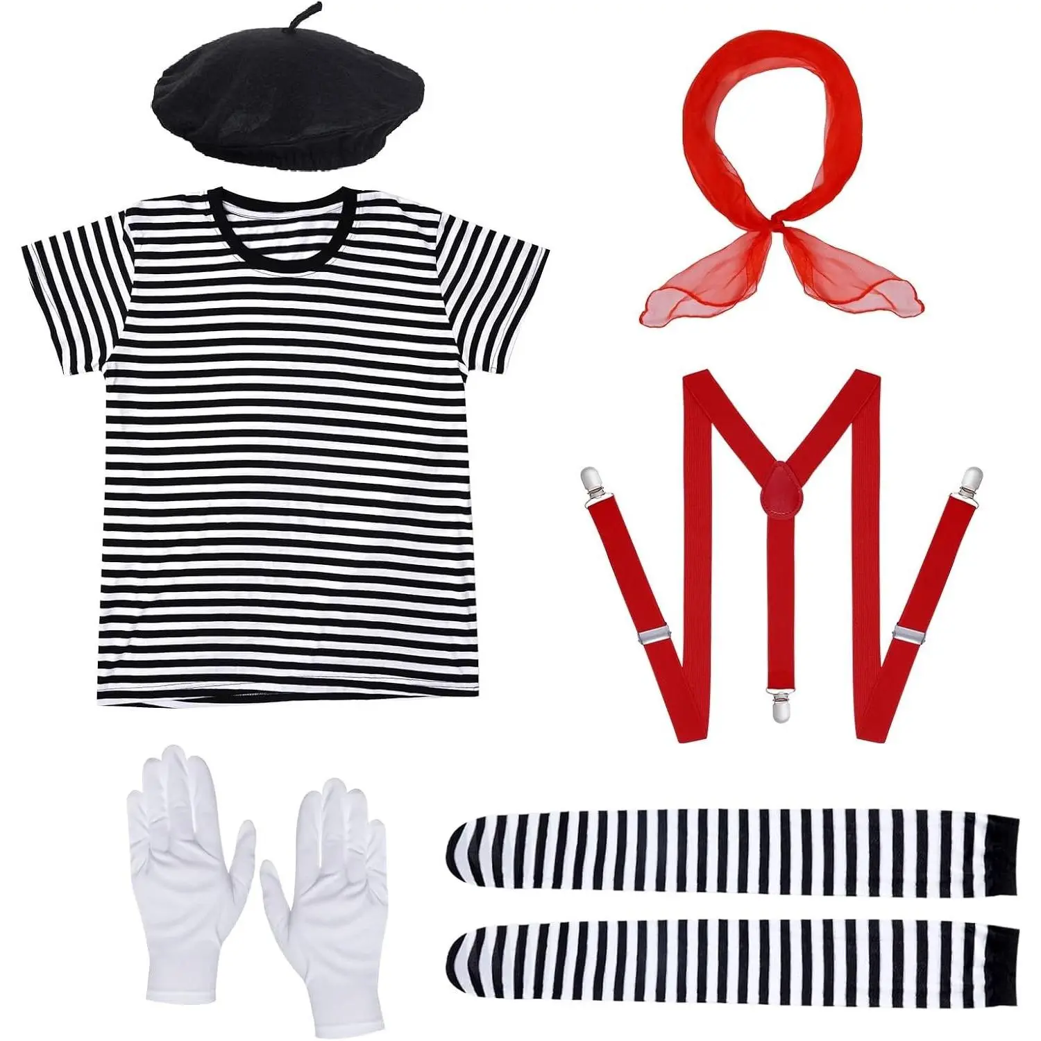 French Mime Artist Costume Halloween Cosplay Outfit with Accessories for Adults Men Women Dress Up Party(Gift)