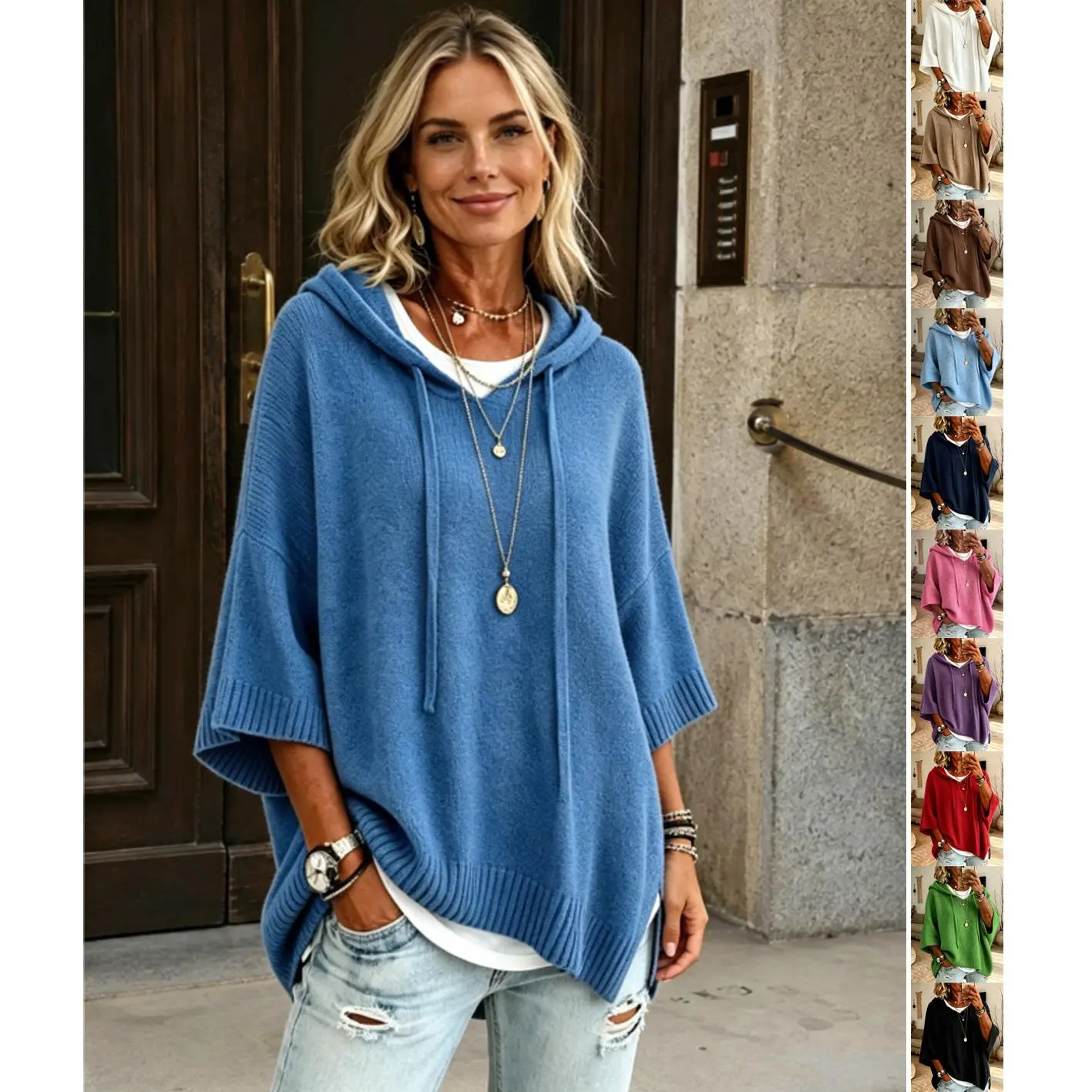 Women New Arrival Knitted Hooded Sweater, Drawstring Long Sleeve Loose Pullover, Fall Winter Casual Outerwear Top