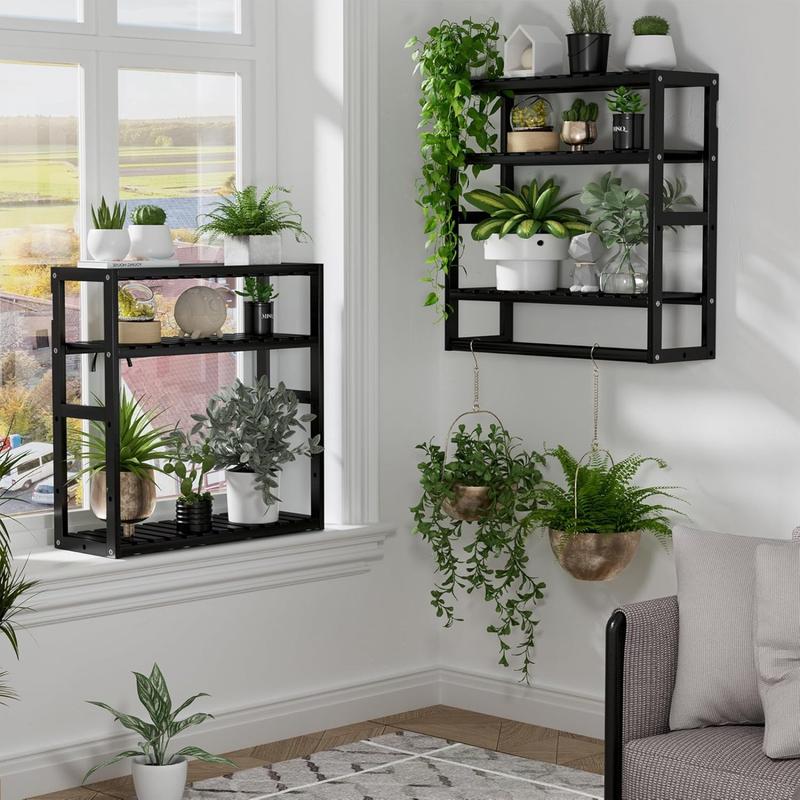 Bathroom Towel Rack Storage Shelf Over Toilet, Adjustable Height Bamboo Wall Mounted Shelf with Towel Bar & 3 Shelves, Floating Organizer for Small Bathroom, Kitchen, Shower Area, Black