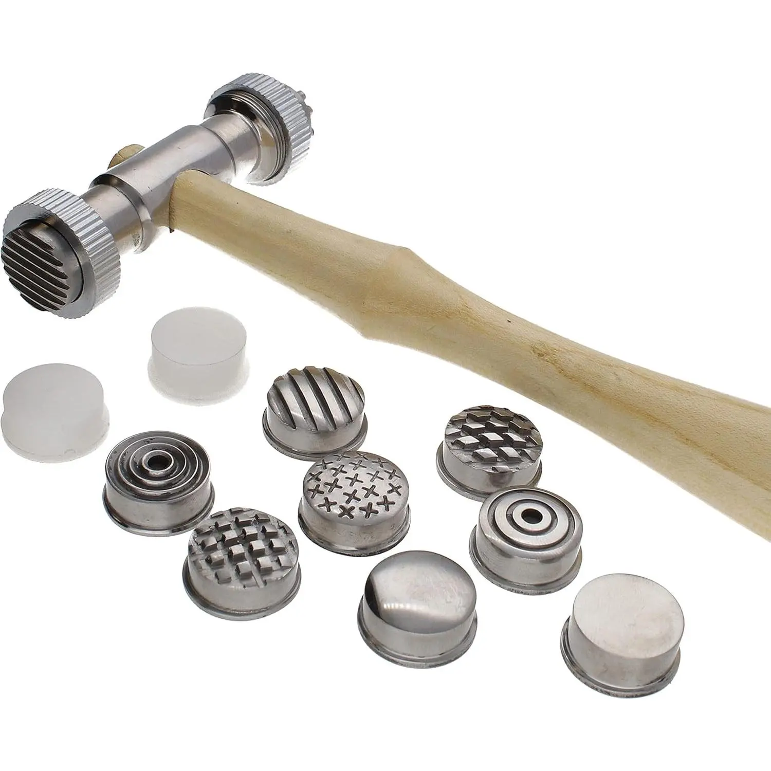Interchangeable Texture Hammer - Metal Elements - 10.5 Inches with Wooden Handle, 65mm Steel Head with Twelve 19mm Faces - Texturing Tool Used to Add Patterns & Dimension to Metalwork