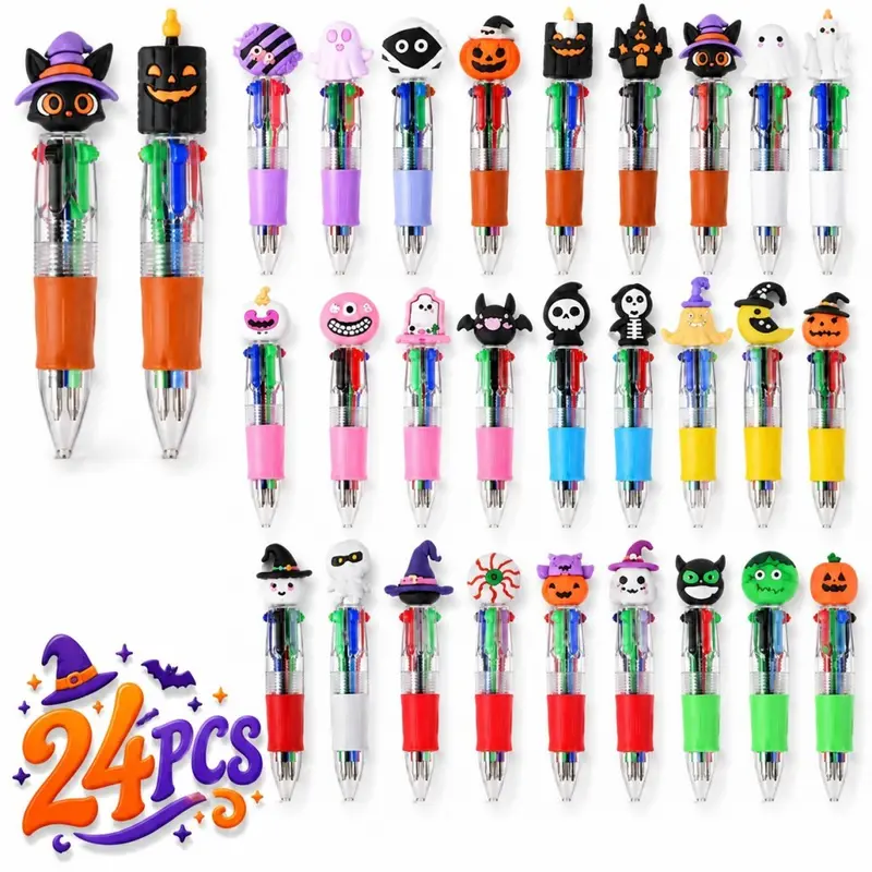24PCS Halloween Fun Mini Multicolor Pens 4-in-1 for Party Favors Gift, Cute Pumpkin Ghost Bat Witch Skull Retractable Ballpoint Pens for Party Favors, Goodie Bags & Classroom Rewards, Aesthetic Pens