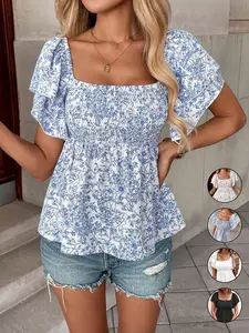 Women's Casual Boho Floral Print Ruffle Sleeve Shirt, Ruffle Hem And Layered Flutter Sleeves In Peplum Blouse， Elastic Waist Top, Comfortable and Stylish, Perfect for Daily Wear