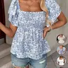 Women's Casual Feminine Floral Print Ruffle Sleeve Shirt, Layered Flutter Sleeves Peplum Hem Blouse, Stretchy Top, Comfortable and Stylish, Perfect for Daily Wear, Babydoll Shirt