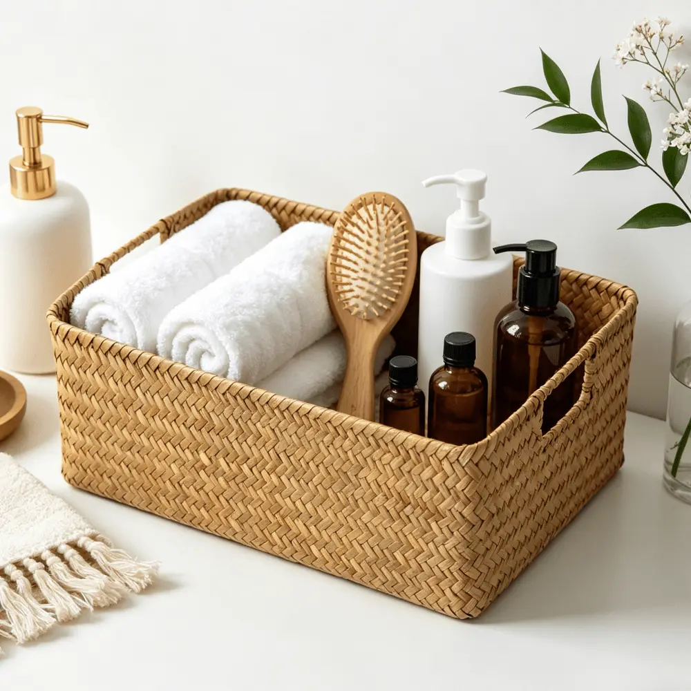 PABHAN Handwoven Storage Baskets In Various Sizes; Rectangular Storage Boxes With Handles; Versatile Storage Boxes For Hallways, Bedrooms, Bathrooms, Kitchens, Pantries, And Shelves; Caramel Color, Shelf Baskets