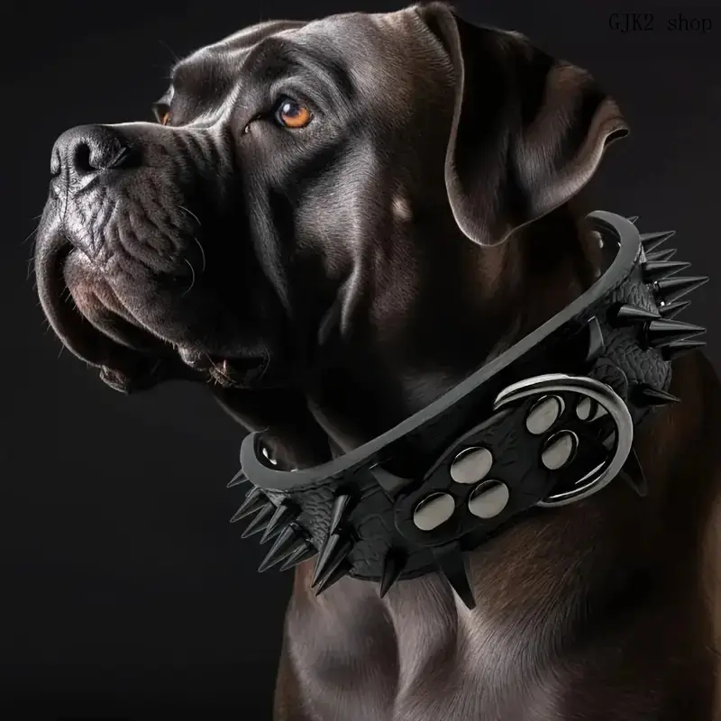 Adjustable Spiked Dog Collar, Anti‑bite PU Leather Collar for Large Breed Dogs